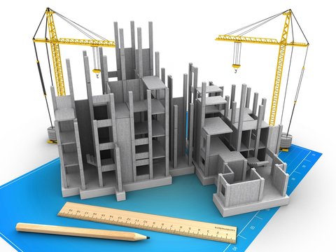 3d illustration of  over blueprint background with cranes