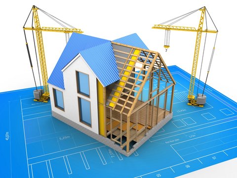 3d illustration of cranes over blueprint background with house construction