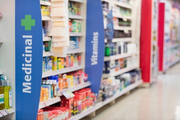 Side view of supermarket shelves