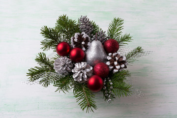 Christmas wreath with silver glitter pear and red ornaments