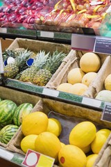 Side view of supermarket shelves
