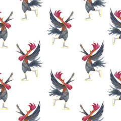 Watercolor chicken pattern seamless. Chicken Farm watercolor illustration. Watercolor Rooster. Hen. Animal seamless pattern