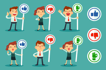 set of business people holding sign