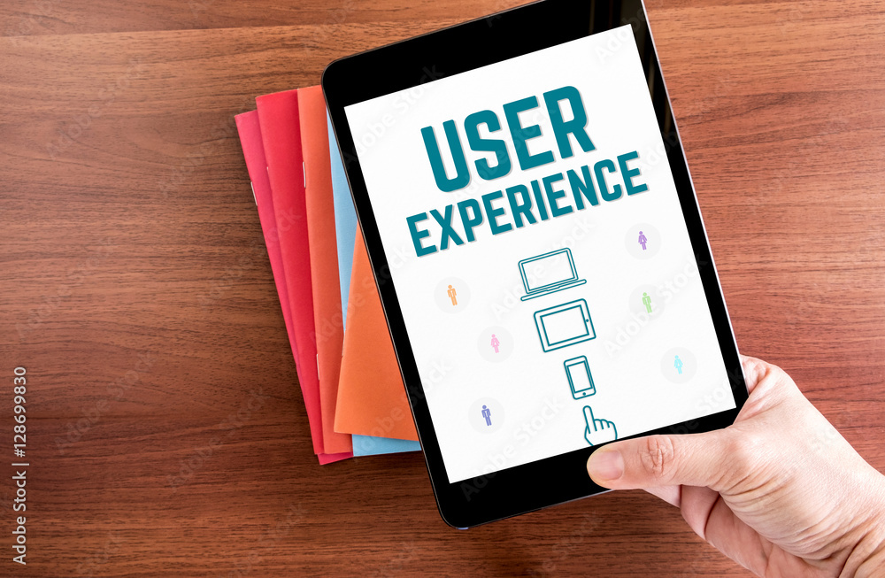 Poster Top view of hand holding tablet with User experience word with i