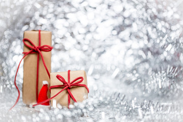 Christmas background with decorative hat and gift.