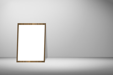 white poster and wooden frame of picture in empty room.space for your text and picture.product display template.Business presentation.white wall and white floor.clipping path include.