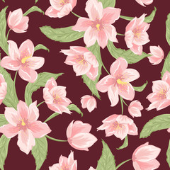 Hellebore sakura magnolia blooming flowers seamless pattern on crimson red background. Pink petals buds. Green leaves. Christmas rose. Winter rose. Helleborus niger. Floral vector design illustration.