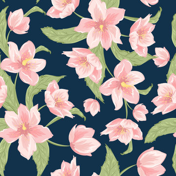Hellebore sakura magnolia blooming flowers seamless pattern. Pink petals, green leaves, dark indigo blue background. Floral vector design illustration. Christomas winter rose. Helleborus niger.