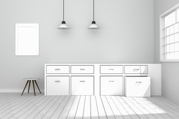 3D rendering : illustration of White interior modern kitchen room design with two vintage lamp hanging. wooden floor.sun light shining from outside of the room.design your home concept.