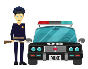 Vector illustration, flat design. Police officer with car