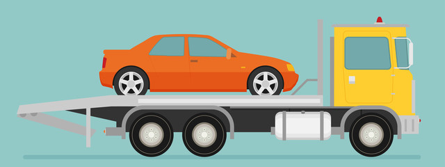 Tow truck with car on it, flat style illustration