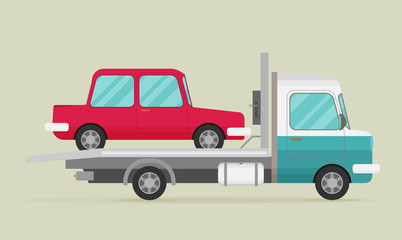 Tow truck with car on it, flat style illustration