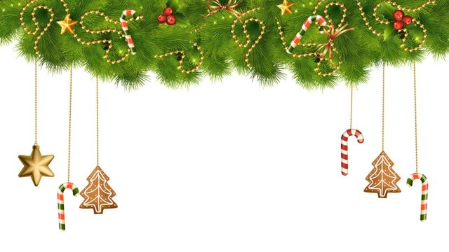 Christmas Decorations And Toys On A Rope Hanging From A Tree  With Glowing Garland Lights Xmas Holiday Card Design Template With Alpha Channel  And Duplicated Black And White Matte 