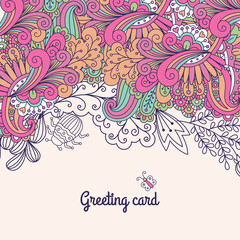 Greeting card with doodles and swirls, vector illustration