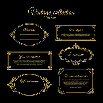 Golden calligraphic vignettes for menu design and flourishes frames for wedding invitations. Vctor illustration