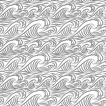 Sea waves black and white seamless pattern. Vector illustration