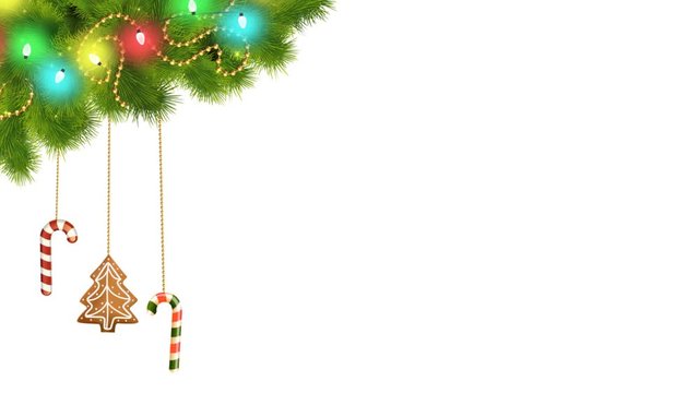 Christmas Decorations And Toys On A Rope Hanging From A Tree  With Glowing Garland Lights Xmas Holiday Card Design Template With Alpha Channel  And Duplicated Black And White Matte 