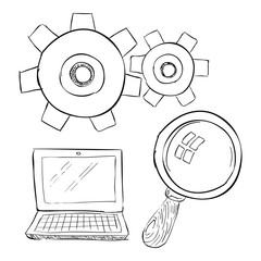Laptop with magnifier icon. Hand drawn illustration of laptop with magnifier vector icon for web