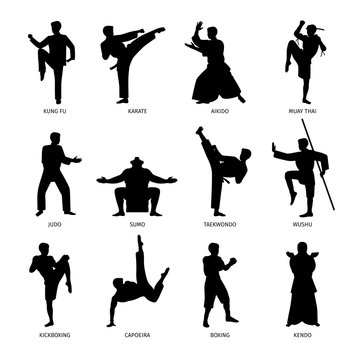 Asian martial arts, isolated vector black silhouettes. Karate and kung fu, sumo and boxing