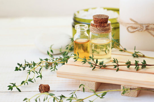 Thyme essential oil. Bottles with extract, fresh green plant leaves. Aromatherapy treatment. Botanic Spa. 