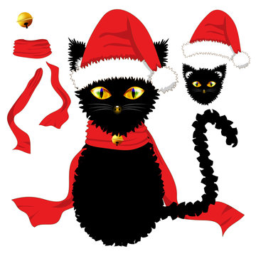 Black Cat with Yellow Eyes. Santa Hat, Red Ribbon Scarf and Golden Jingle Bell Ball. Christmas Day. Vector Illustration . isolated on white Background.