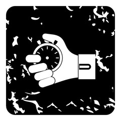 Hand holding stopwatch icon. Grunge illustration of hand holding stopwatch vector icon for web