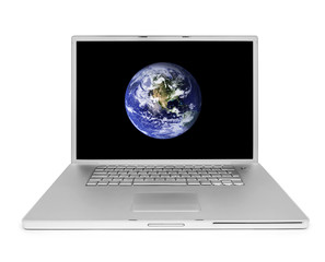 Open, silver laptop, isolated on white background with earth ball.