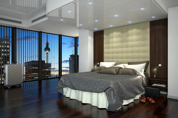 Ein modernes Hotelzimmer, Suite mit Kingsize Bett in Berlin - Schlafzimmer - obrazy, fototapety, plakaty