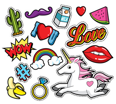 Fashion patch badges with lips, hearts, rainbow and other elements. Vector illustration isolated on white background. Set of stickers, pins, patches in cartoon 80s-90s comic style.