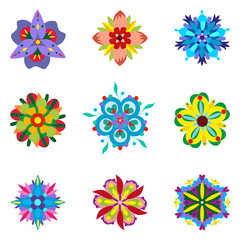 Set of nine symmetrical many-coloured floral elements