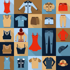 Set of twenty two flat icons. Sportswear and jeans.