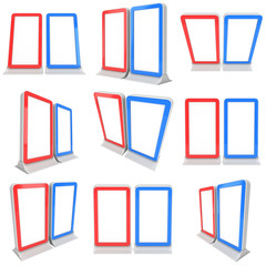 LCD Screen Stand red and blue set. Blank Trade Show Booth. 3d render of lcd tv isolated on white background. High Resolution collection. Ad template for your expo design.