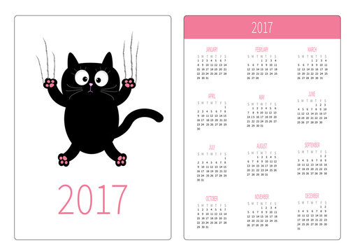Pocket calendar 2017 year. Week starts Sunday. Flat design Vertical orientation Template. Cartoon black cat claw scratch glass. Cute character. White background. Isolated