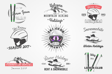 Set Ski Club Team. Mountain and Outdoor Adventures. Rent a snowmobile for winter holidays and vacation. Typographic labels, stickers, logos
