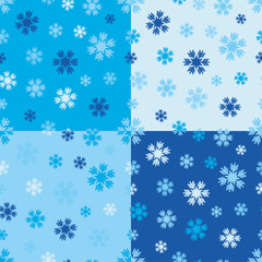 Set of 4 seamless backgrounds with snowflakes. Winter. Print. Repeating background. Cloth design, wallpaper.