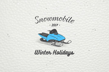 Rent a snowmobile for winter holidays and vacation. Mountain and Outdoor Adventures. Detailed elements. Old retro vintage grunge.
