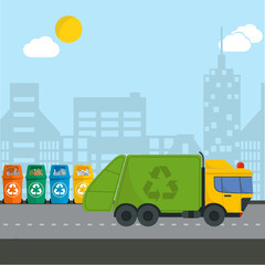 City waste recycling infographic flat concept with garbage truck. Vector illustration of city waste recycling categories and waste disposal. City waste types sorting management .