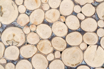 Surface of the round wooden pieces, background, texture