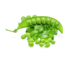Fresh green pea pod on white background