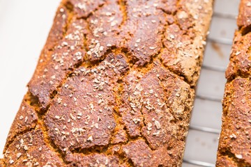 Freshly baked homemade bread lying on metal grille