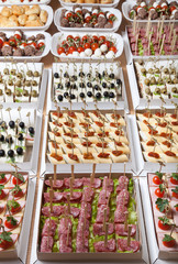 Different kinds of snacks canape on skewers. Selective focus