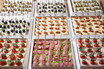 Different kinds of snacks canape on skewers. Selective focus