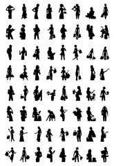 Set Of 64 Vector's Silhouettes Of Women In Action