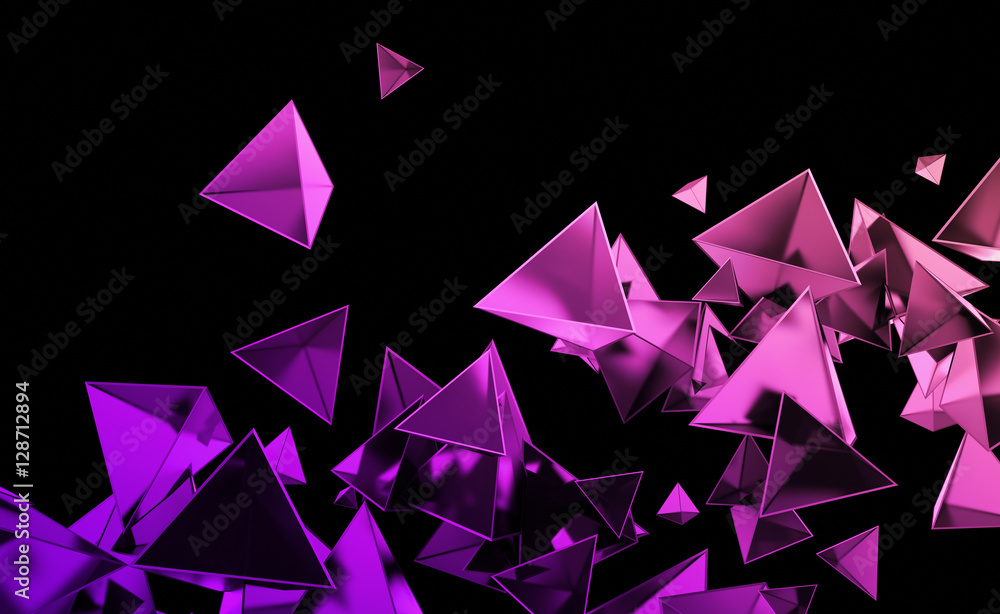 Poster abstract 3d rendering of chaotic low poly shapes. flying polygonal pyramids in empty space. futurist