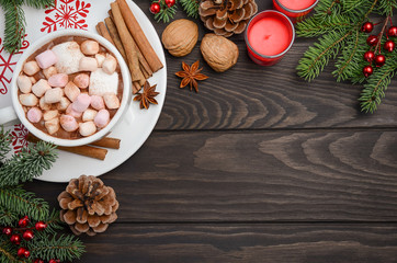 Fototapeta na wymiar Christmas background with Hot chocolate. Top view, horizontal with copy space.