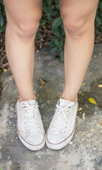 Old sneakers on a white background.