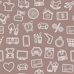 Categories of goods, Internet-shop, seamless pattern, brown. Vector white outline icons of industrial goods on a brown background. Plain, flat background. 