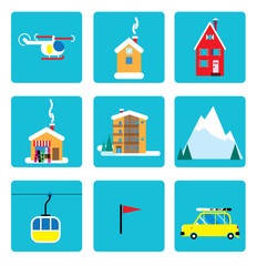 Skiing resort icons set. Hotel, house, cottage, helicopter, mountain, skiing cable car, lift, car, hill, flag. vector illustration