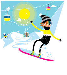 Snowboarder riding down the hill. Ski resort on the background. winter mountains. Winter sport. Vector