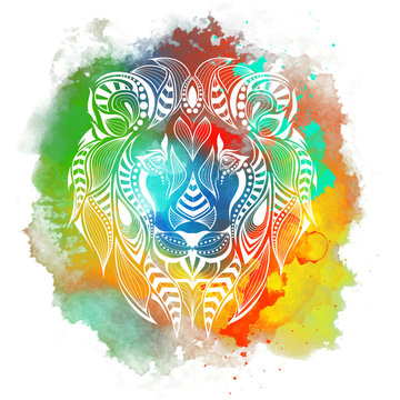 Patterned colored head of the lion. African, indian, totem, tattoo design. It may be used for design of a t-shirt, bag, postcard and poster. Abstract Background with Watercolor Stains, Vector Design
